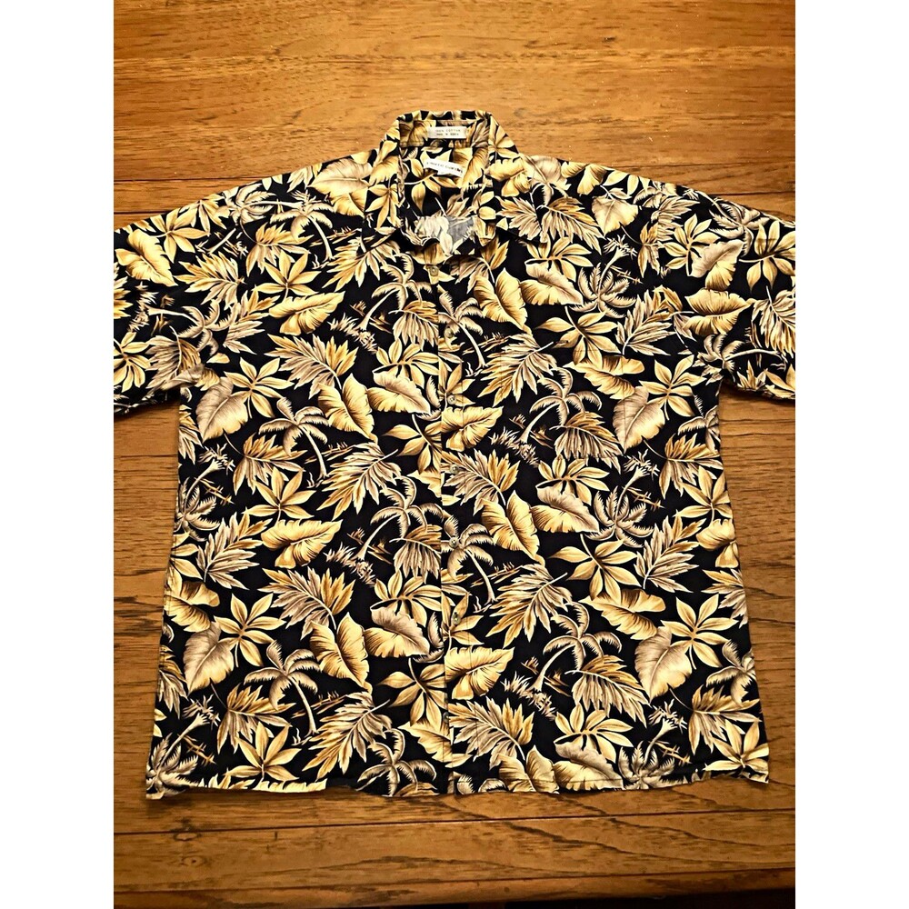 Pierre Cardin Men XL Black/Beige Tropical Floral Button-Up Hawaiian Shirt